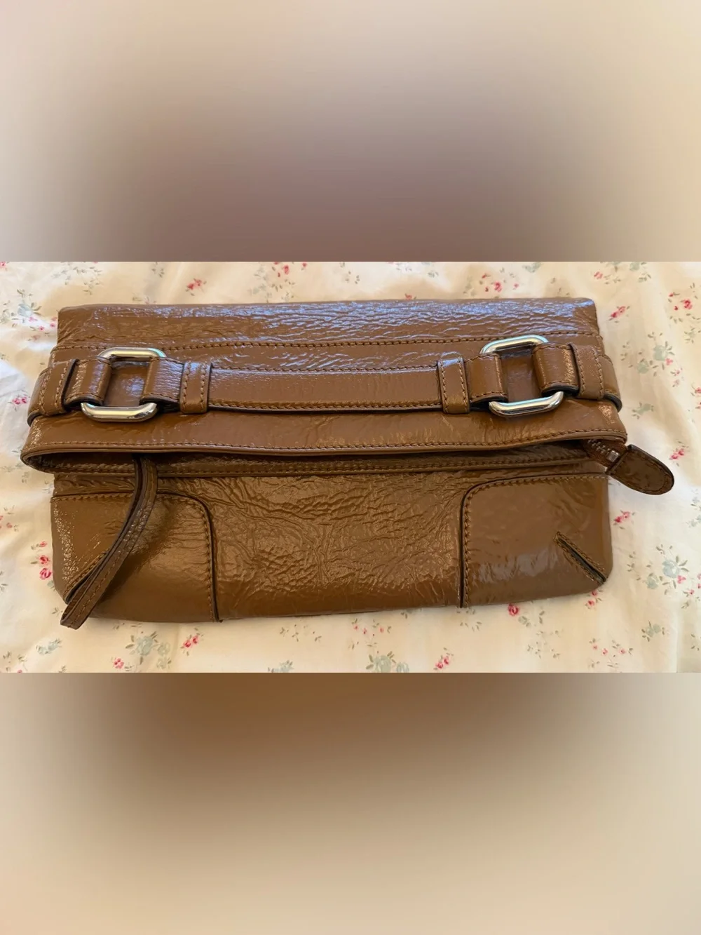 Club Monaco Y2K Cognac Brown Patent Leather Fold-Over Clutch Bag